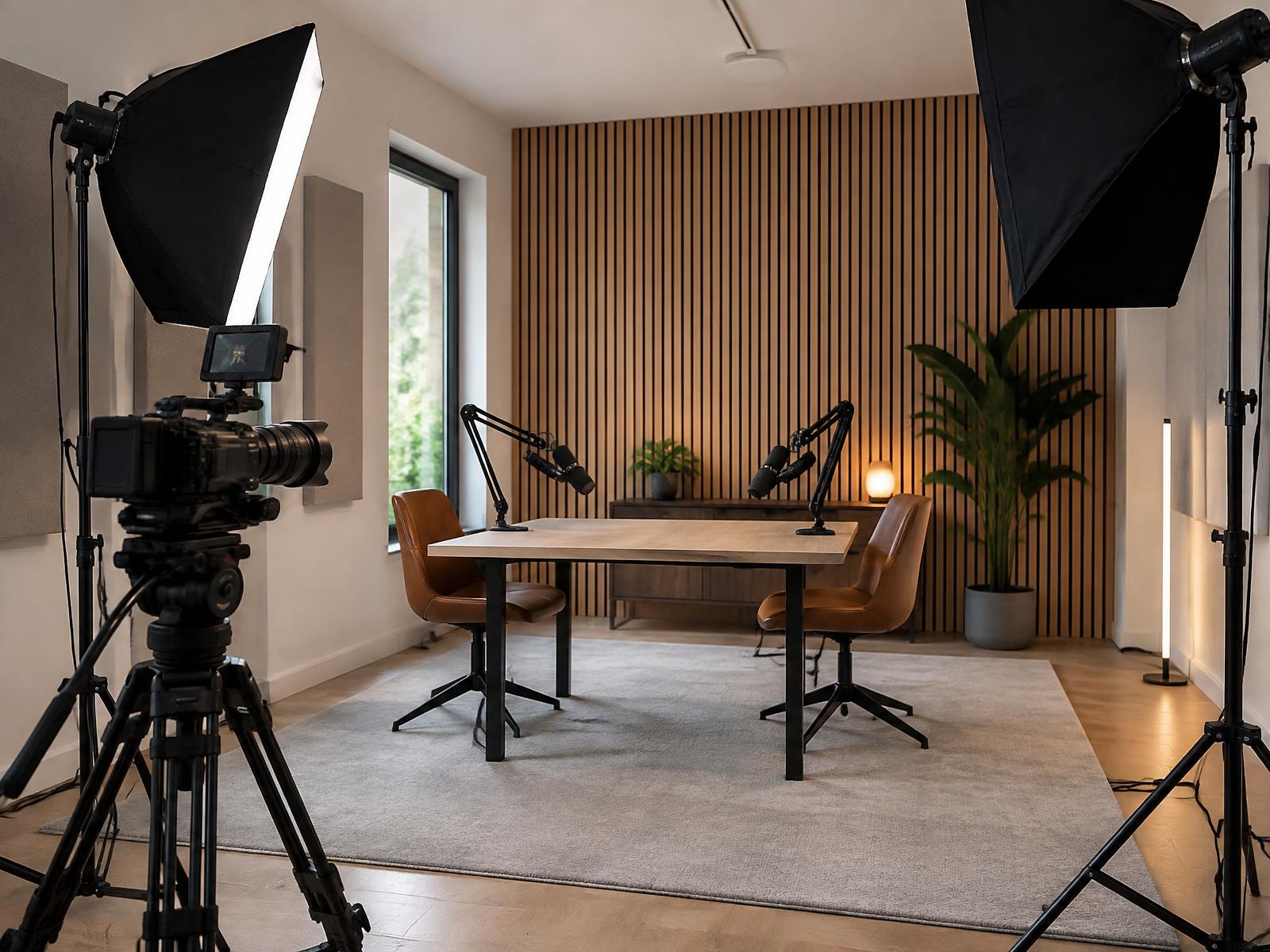 Minimal creator studio with camera, lights and podcast microphones